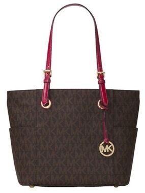 Michael Kors Brown Logo Tote with Red-Pink Handles